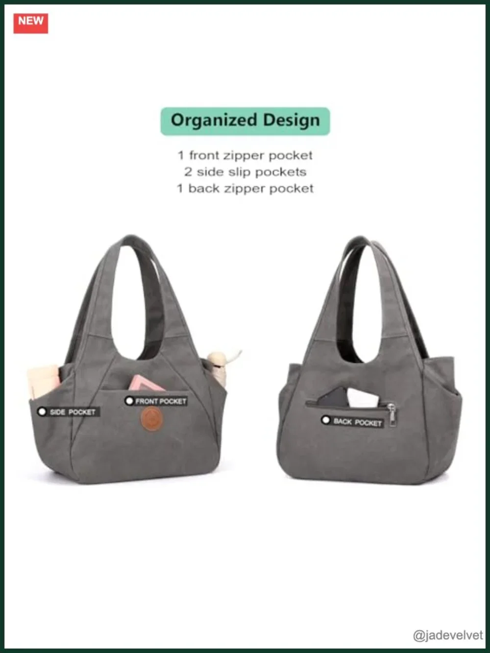 Canvas Hobo Shoulder Bag with 3 Compartments Daily Tote